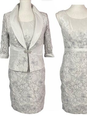 Floral Lace Jacket Dress Set 6 Silver Gray Formal Cocktail 2-pc Satin Metallic